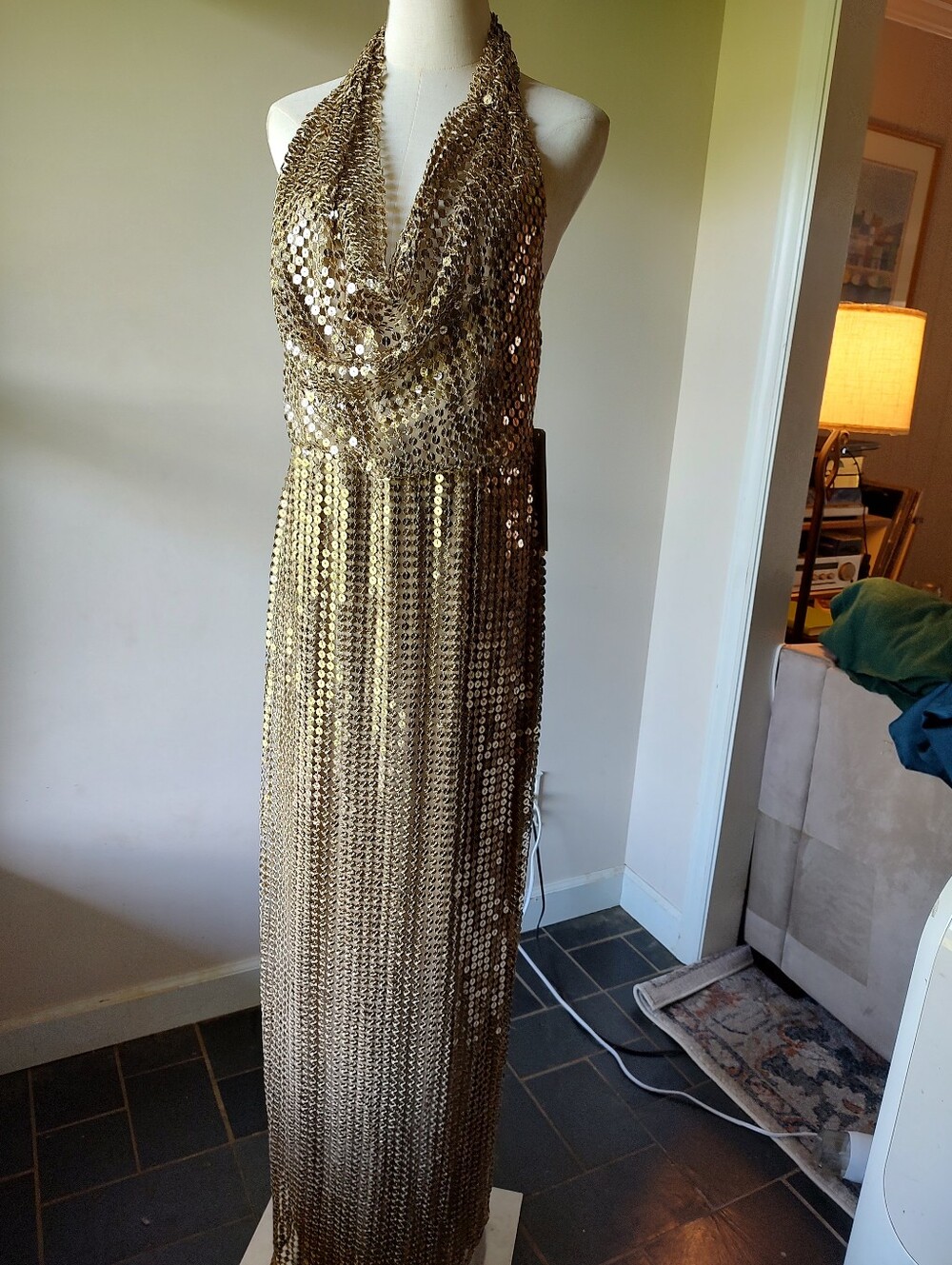 Adrianna Papell Gold Sequin Halter Cowl Neck Drop Back Dress Gown 12